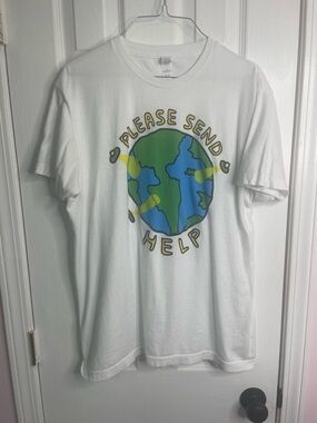 Please Send Help Graphic Tee - White with Green & Blue Earth. Very cool
